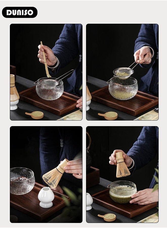 7Pcs Matcha Tea Set, Matcha Whisk Set of 7 Ceremony Matcha Kit with Glass Matcha Bowl with Pouring Spout, Matcha Whisk, Scoop, Whisk Holder, Scoop Stand，Sifter,Tea Napkin, Matcha Whisk Kit Traditional Handmade Matcha Gift Box