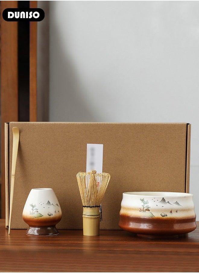 Matcha Whisk Set, 4pcs Japanese Tea Set,Matcha Whisk,Traditional Scoop, Matcha Bowl, Ceramic Whisk Holder,Traditional Matcha Tool Set for Matcha Tea Ceremony