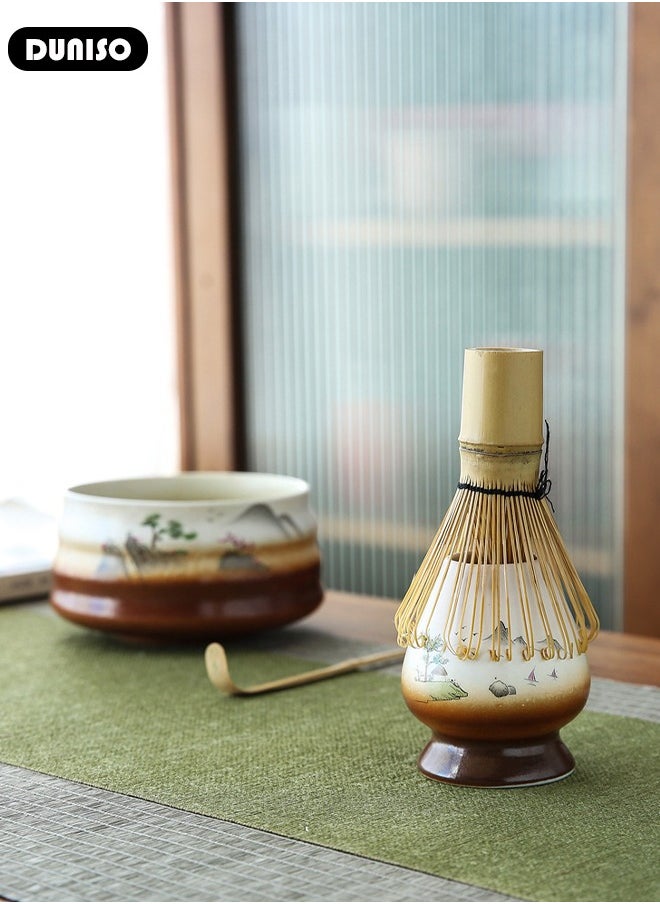 Matcha Whisk Set, 4pcs Japanese Tea Set,Matcha Whisk,Traditional Scoop, Matcha Bowl, Ceramic Whisk Holder,Traditional Matcha Tool Set for Matcha Tea Ceremony