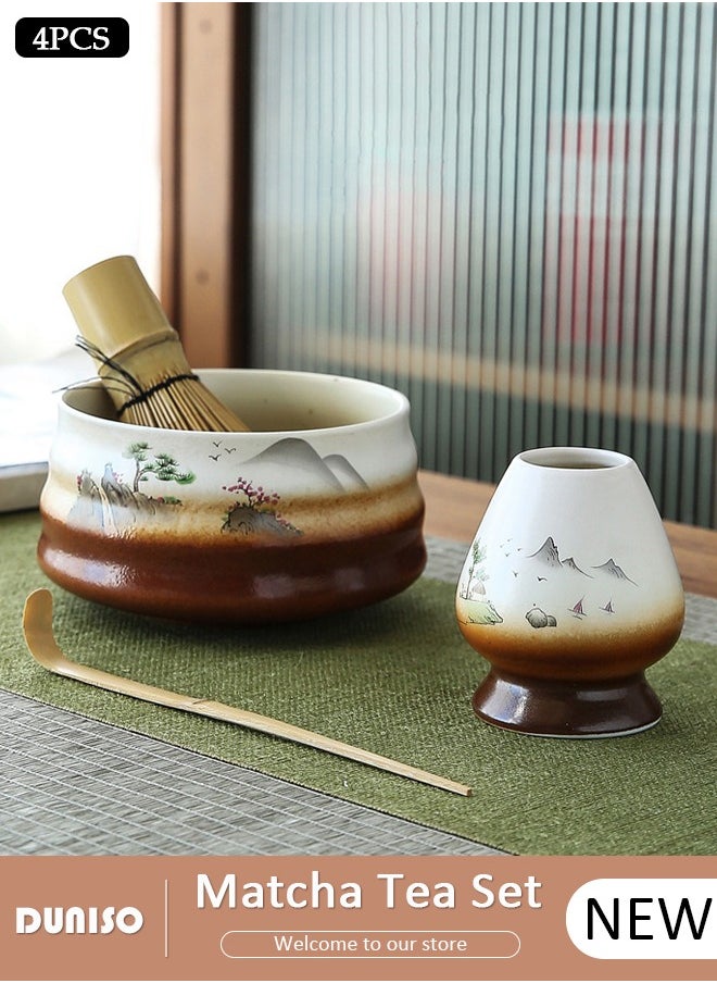 Matcha Whisk Set, 4pcs Japanese Tea Set,Matcha Whisk,Traditional Scoop, Matcha Bowl, Ceramic Whisk Holder,Traditional Matcha Tool Set for Matcha Tea Ceremony