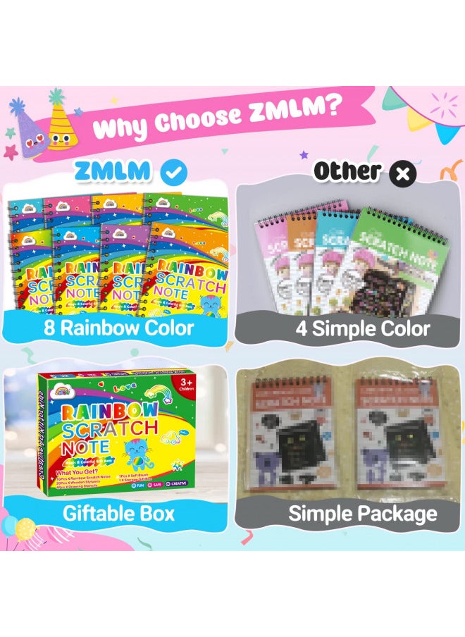 ZMLM 16 Pack Scratch Paper Art-Craft Notebooks: Rainbow Party Favors Bulk Scratch Note Pad for Kids Age 3-12 Black Art Supplies Girl Boy Birthday Gift Classroom(20 Wooden Stylus & 4 Drawing Stencils)