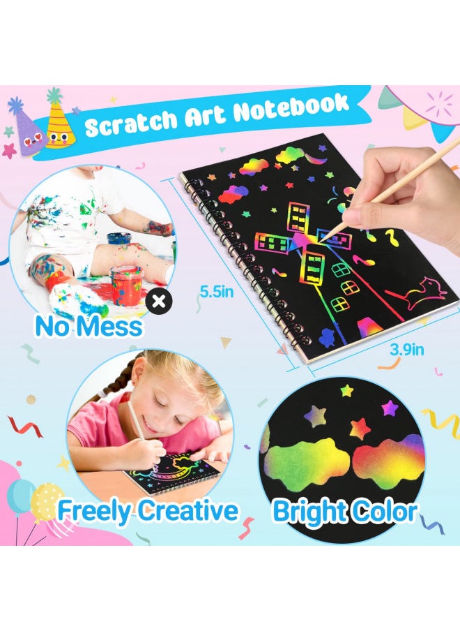 ZMLM 16 Pack Scratch Paper Art-Craft Notebooks: Rainbow Party Favors Bulk Scratch Note Pad for Kids Age 3-12 Black Art Supplies Girl Boy Birthday Gift Classroom(20 Wooden Stylus & 4 Drawing Stencils)