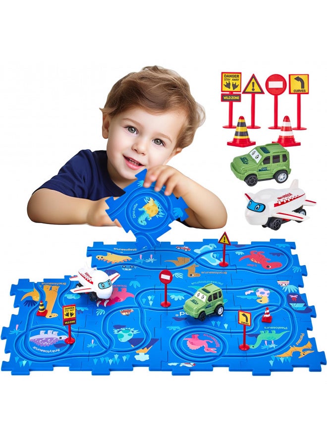 Puzzle Racer Kids Car Track Set - 3 Year Old Boy Toys Dinosaur Jigsaw Puzzle Track Car PlaySet for Kids 3-5 with Car & Airplane Children's Educational Puzzle Track Car Learning Toys Birthday Gifts