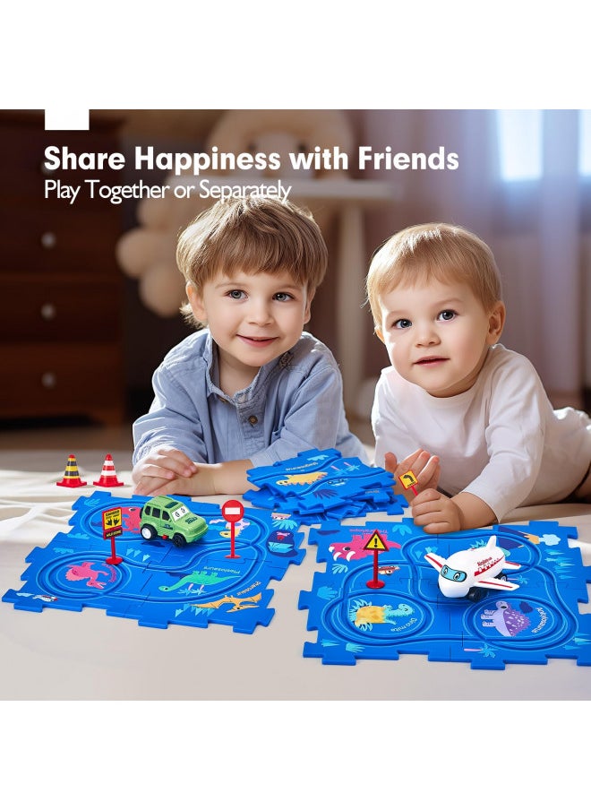 Puzzle Racer Kids Car Track Set - 3 Year Old Boy Toys Dinosaur Jigsaw Puzzle Track Car PlaySet for Kids 3-5 with Car & Airplane Children's Educational Puzzle Track Car Learning Toys Birthday Gifts