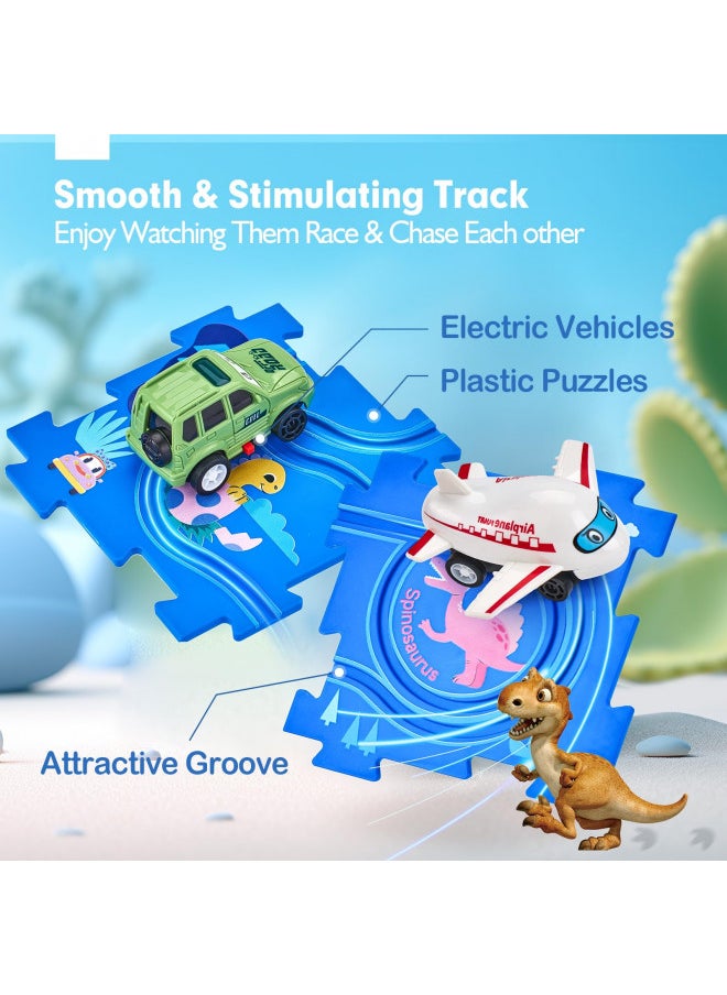 Puzzle Racer Kids Car Track Set - 3 Year Old Boy Toys Dinosaur Jigsaw Puzzle Track Car PlaySet for Kids 3-5 with Car & Airplane Children's Educational Puzzle Track Car Learning Toys Birthday Gifts