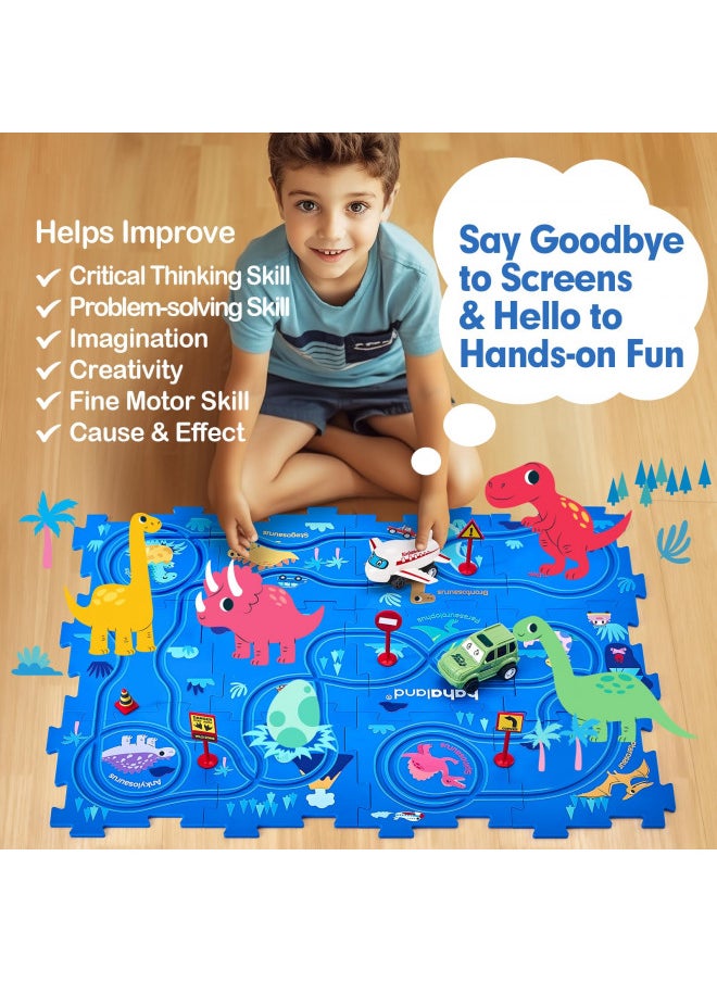 Puzzle Racer Kids Car Track Set - 3 Year Old Boy Toys Dinosaur Jigsaw Puzzle Track Car PlaySet for Kids 3-5 with Car & Airplane Children's Educational Puzzle Track Car Learning Toys Birthday Gifts