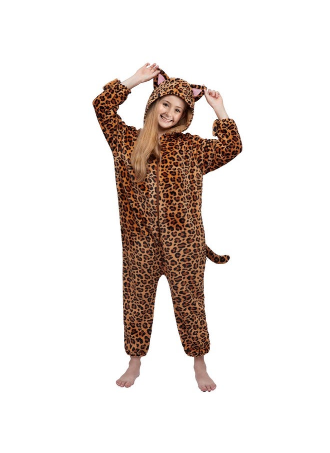 Halloween Kids Jumpsuit Pajama Brown, Cheetah Hooded Jumpsuit Costume Cosplay With A Tail, Zip-Up Hooded Sleepwear For Halloween Dress Up