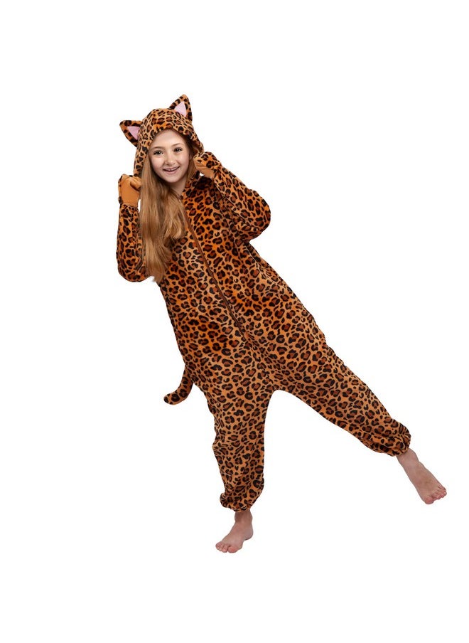 Halloween Kids Jumpsuit Pajama Brown, Cheetah Hooded Jumpsuit Costume Cosplay With A Tail, Zip-Up Hooded Sleepwear For Halloween Dress Up