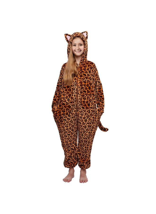 Halloween Kids Jumpsuit Pajama Brown, Cheetah Hooded Jumpsuit Costume Cosplay With A Tail, Zip-Up Hooded Sleepwear For Halloween Dress Up