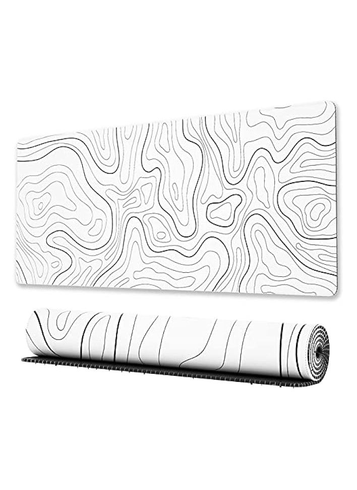 Large Gaming Mouse Pad with Stitched Edges, Minimalist Topographic Map Desk Mat, Extended XL Mousepad with Anti-Slip Base, Cool Desk Pad for Keyboard and Mouse, 31.5 x 11.8 in, White