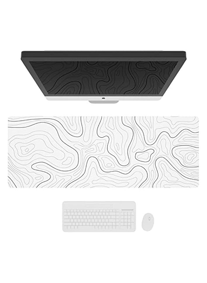 Large Gaming Mouse Pad with Stitched Edges, Minimalist Topographic Map Desk Mat, Extended XL Mousepad with Anti-Slip Base, Cool Desk Pad for Keyboard and Mouse, 31.5 x 11.8 in, White