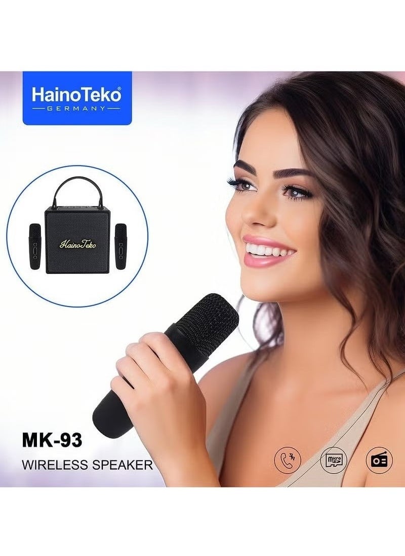 Haino Teko MK93 Splash Proof Portable Bluetooth Wireless Speaker with 2 Wireless Mic Black