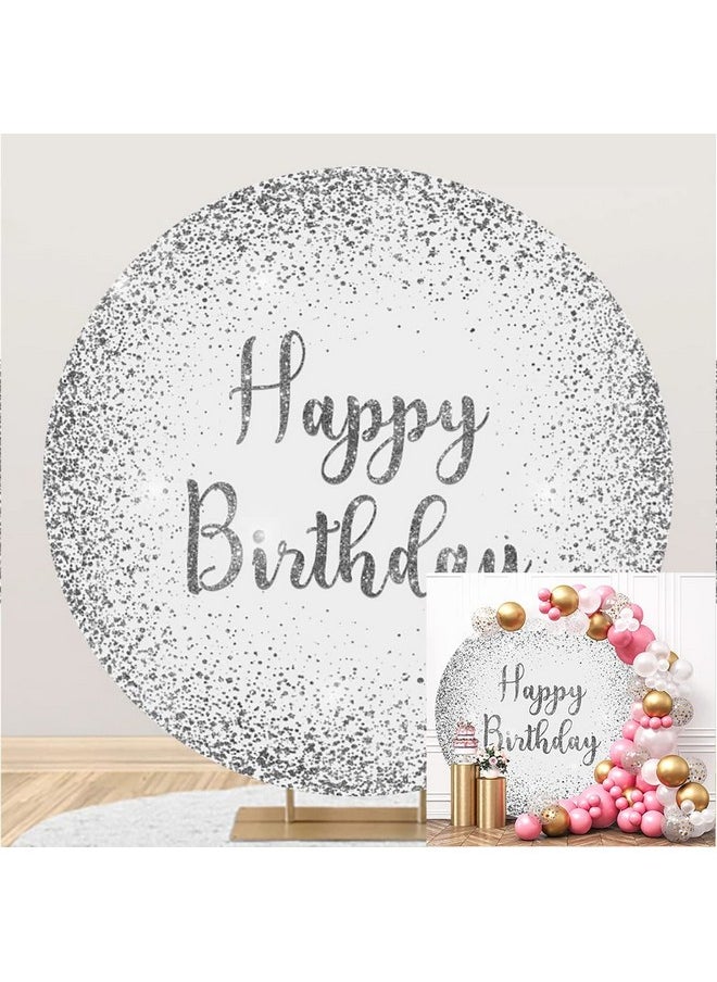 Luxurious White Silver Birthday Round Backdrop Cover 7X7Ft Polyester Glistering Silver Birthday Arch Backdrop Stand Cover Children Kids Adults Birthday Party Banner Supplies Photo Props