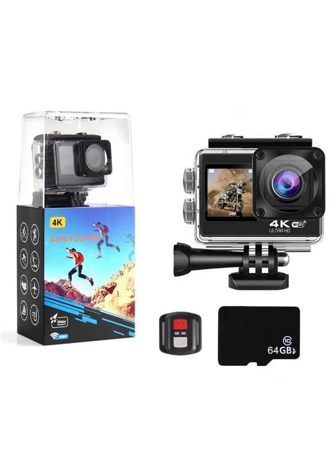 4K Action Camera, 16MP WiFi Waterproof Camera,EIS Touch Screen, PC Webcam, 170 Deg Wide Angle 30M Underwater Camcorder with a 64GB U3 Card, Remote Control and Accessories