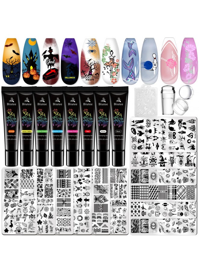 Nail Stamper Kit Nail Art Stamping Plate Set 8 Stamping Nail Polish Gel 12 Stamp Plate Jelly Silicone Stamper Christmas Flower Animal Lace Girl StarTemplate Tool Supplies for Holiday