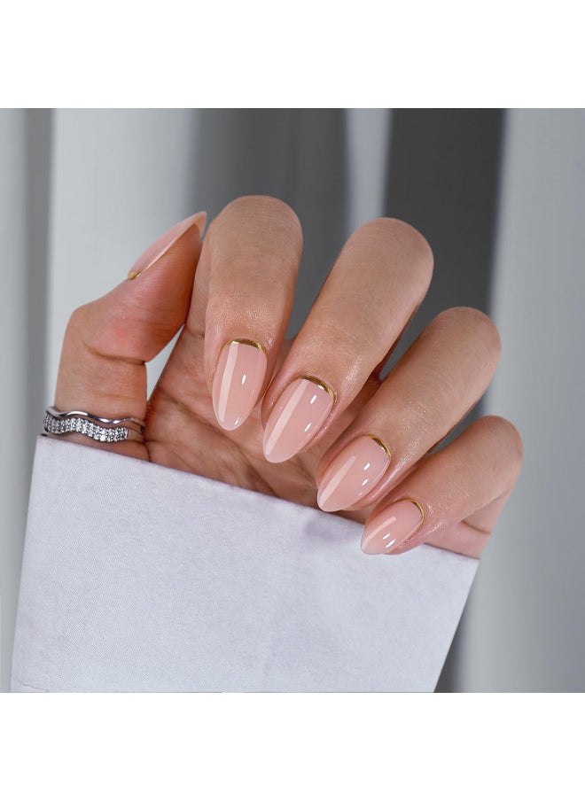Press On Nails Almond - Short Nails Press Ons with Gold Foil Design, Glue On Nails for Women Gift, Supremely Fit & Glossy Stick On Nails in 16 Sizes - 30 Nail Kit, Gold End