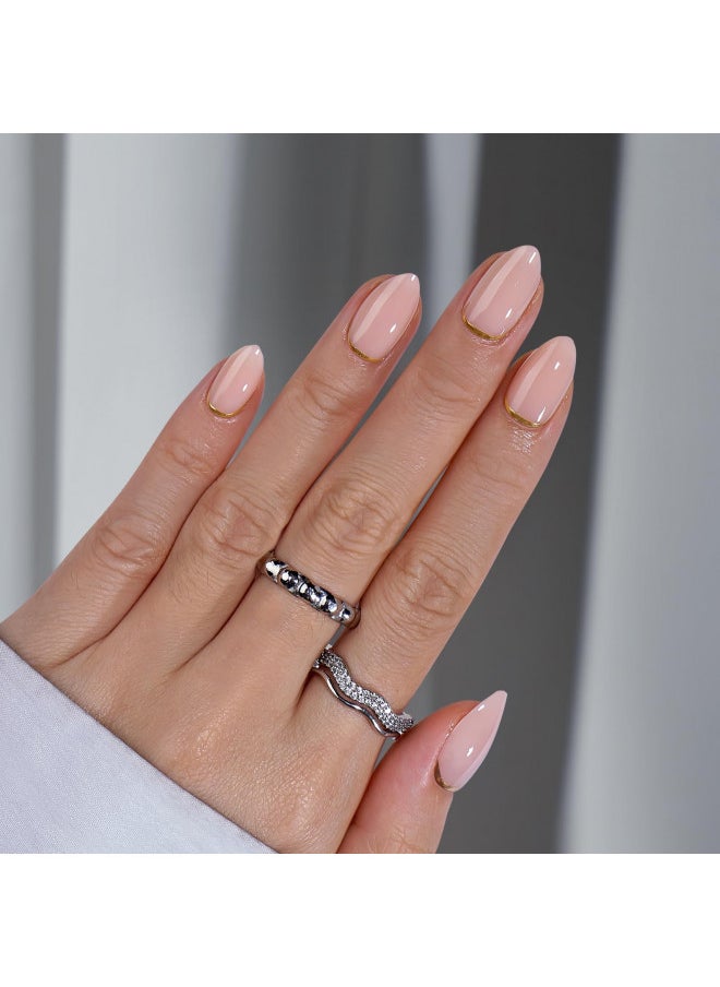 Press On Nails Almond - Short Nails Press Ons with Gold Foil Design, Glue On Nails for Women Gift, Supremely Fit & Glossy Stick On Nails in 16 Sizes - 30 Nail Kit, Gold End