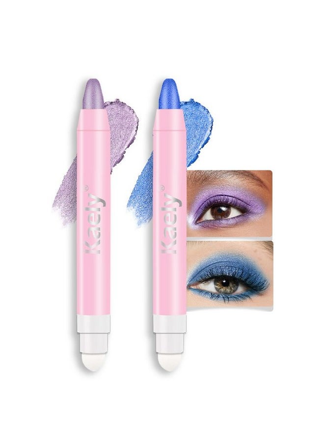 Kaely 2Pcs Cream Eye Shadow Brightener Sticks Set For Eyes Waterproof, Violet & Royal Blue Shimmer Cream Eyeshadow Applicator Stick Long Lasting Pigmented Eye Makeup Sombras En Crema Para Ojos 9+13