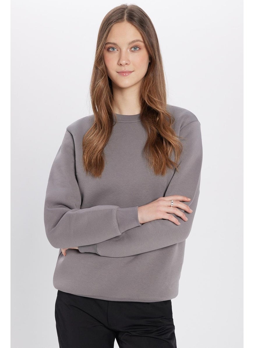 Relax Fit Comfortable Cut Cotton Soft Textured Polar Fleece Basic Gray Crew Neck Sweatshirt