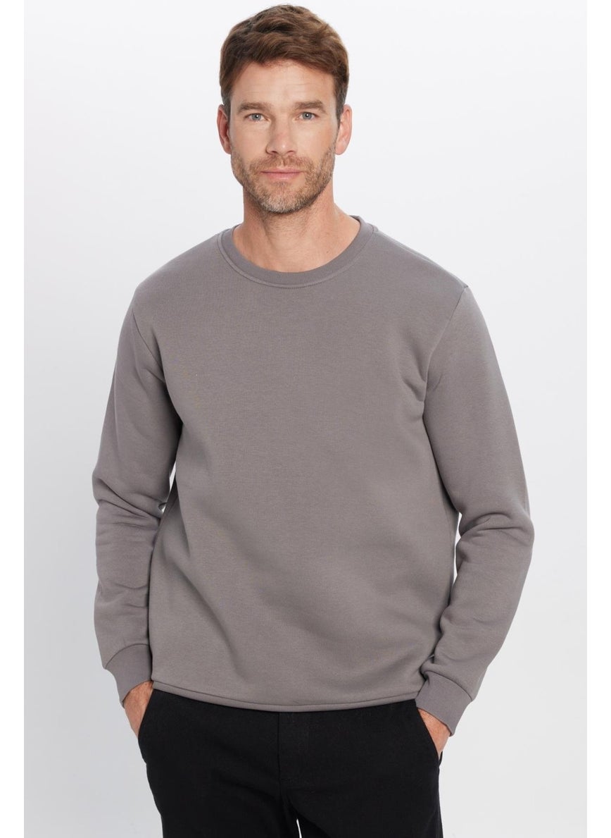 Relax Fit Comfortable Cut Cotton Soft Textured Polar Fleece Basic Gray Crew Neck Sweatshirt