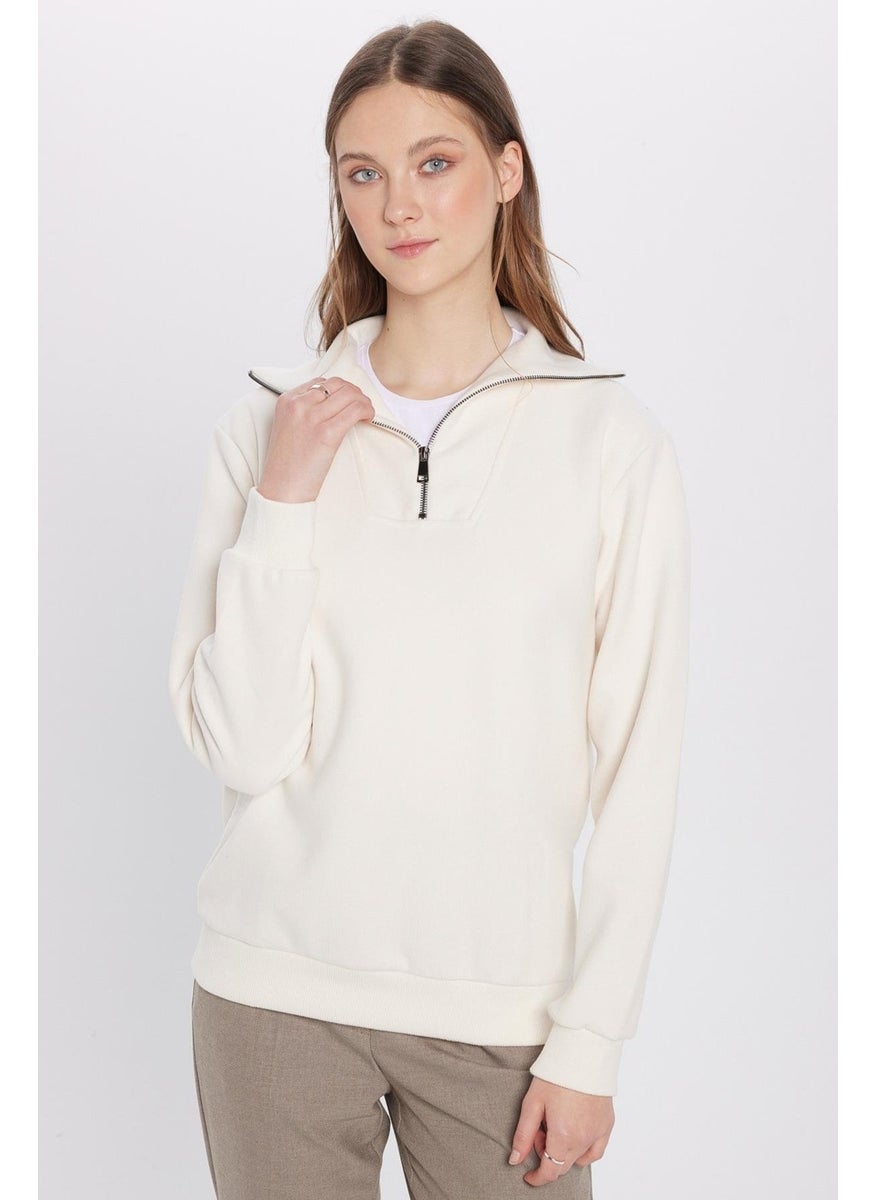 Relax Fit Comfortable Cut Ribbed Patterned Cotton Half Zipper Ecru Stand Collar Sweatshirt