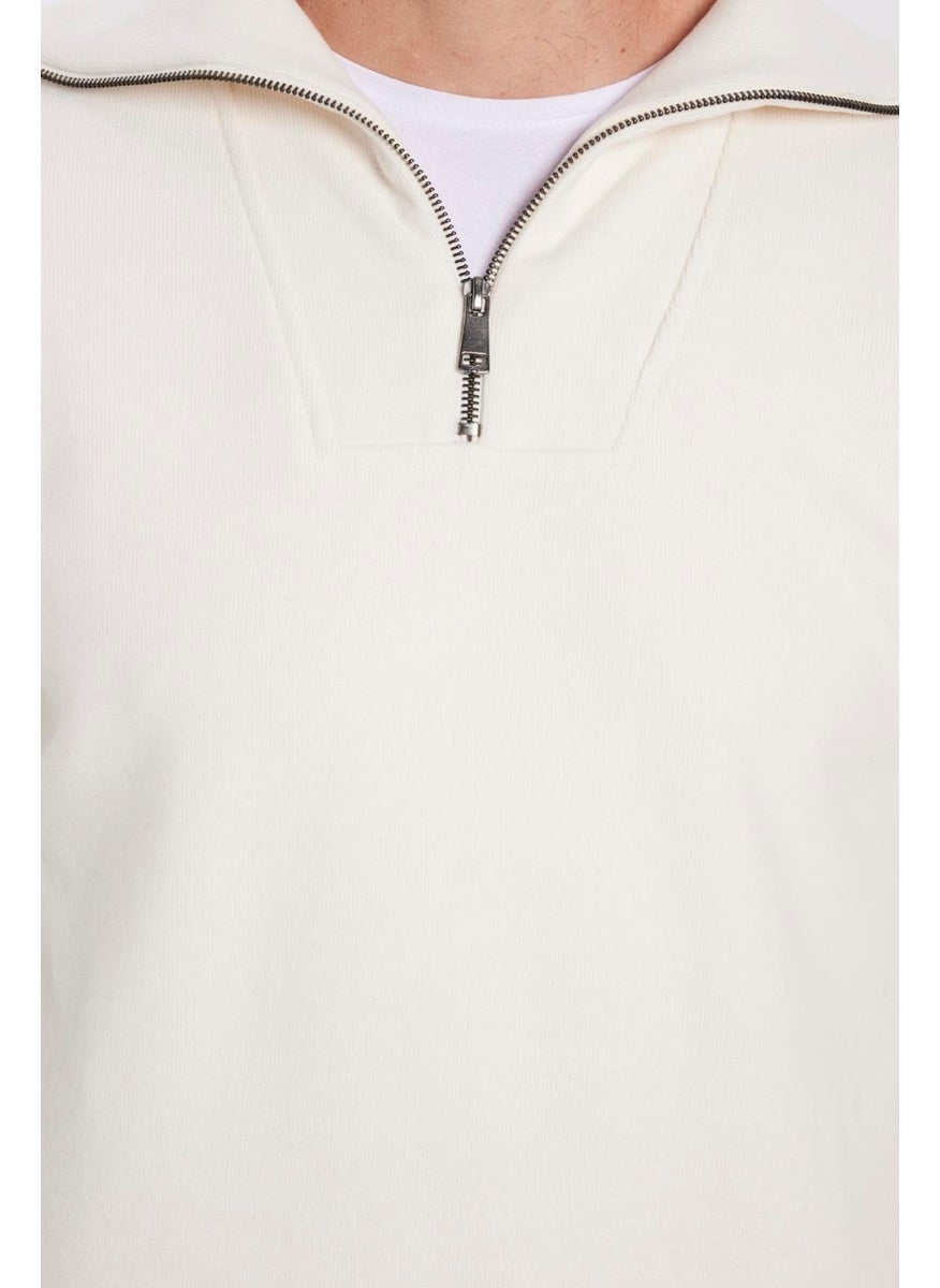 Relax Fit Comfortable Cut Ribbed Patterned Cotton Half Zipper Ecru Stand Collar Sweatshirt