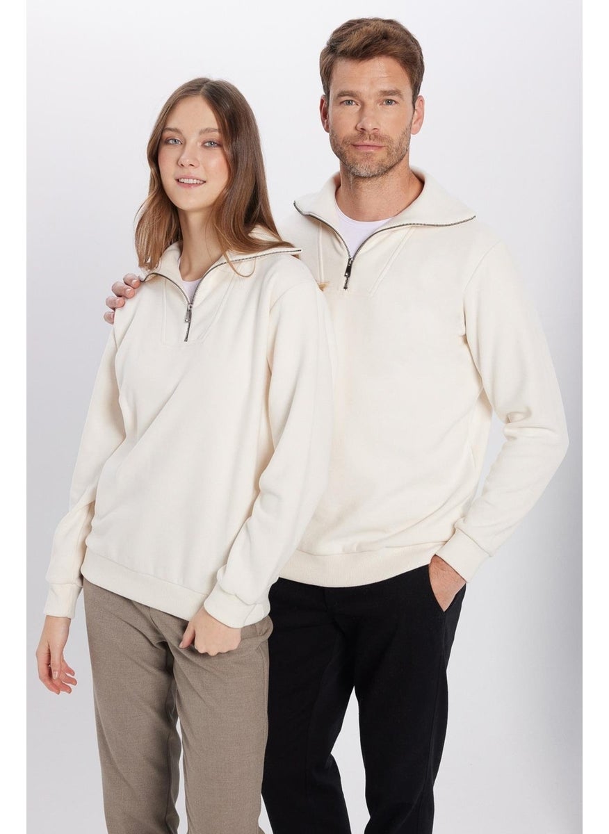 Relax Fit Comfortable Cut Ribbed Patterned Cotton Half Zipper Ecru Stand Collar Sweatshirt