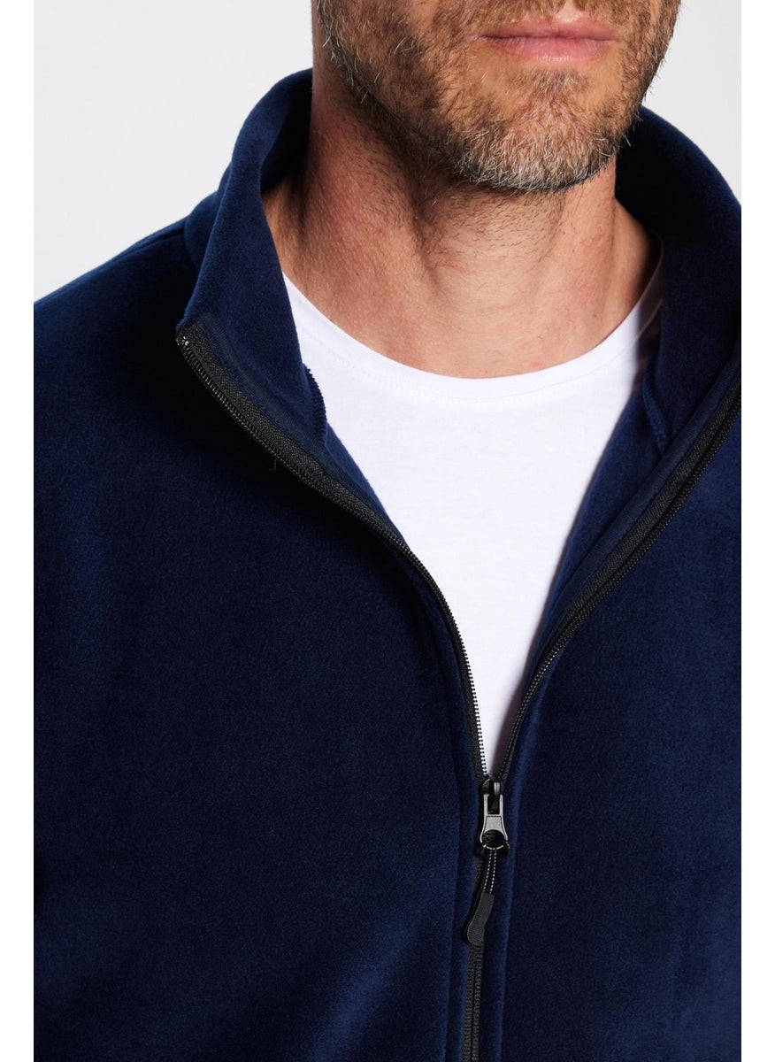 Standard Fit Full Zipper Non-Pilling Cold-Proof Navy Blue Stand-up Collar Fleece Sweatshirt