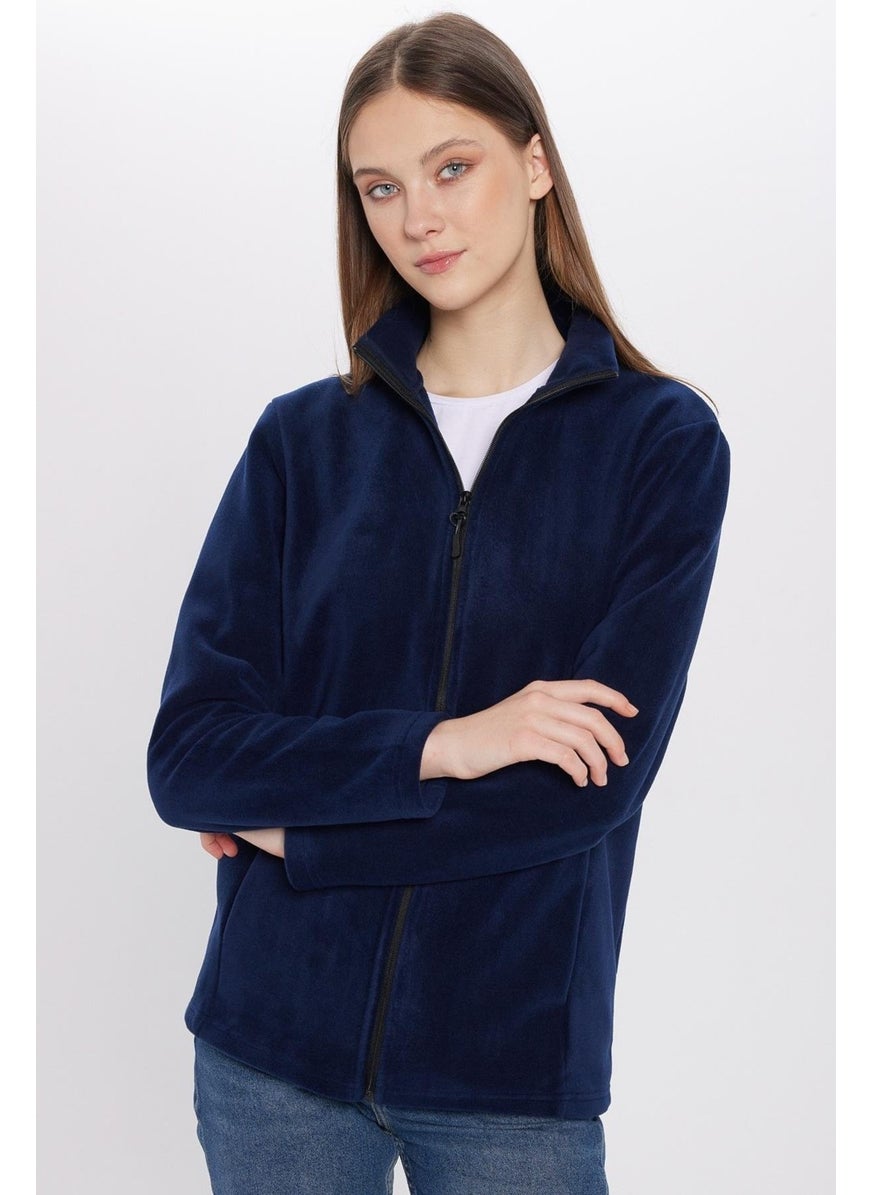 Standard Fit Full Zipper Non-Pilling Cold-Proof Navy Blue Stand-up Collar Fleece Sweatshirt