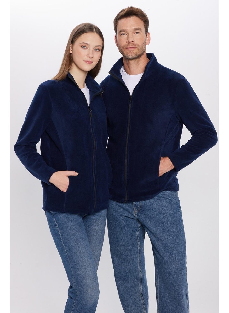 Standard Fit Full Zipper Non-Pilling Cold-Proof Navy Blue Stand-up Collar Fleece Sweatshirt