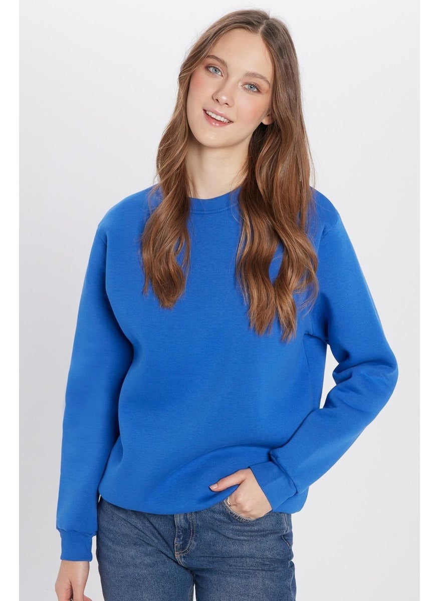 Relax Fit Comfortable Cut Cotton Soft Textured Polar Fleece Inside Basic Saks Blue Crew Neck Sweatshirt
