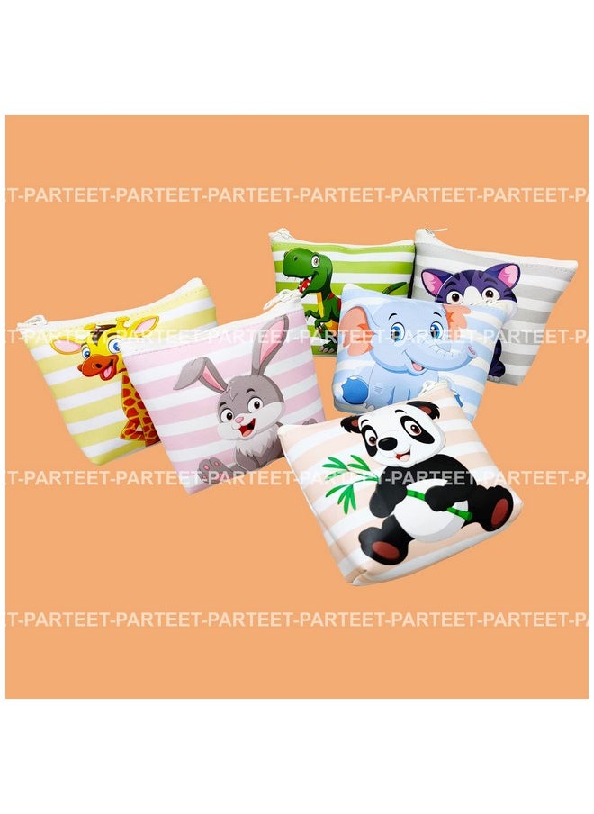 Cute Animals Print Soft Silicon Small Pouch Return Gift For Kids (Pack Of 6 Pcs, Multicolors, Canvas)