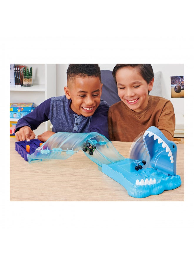 Monster Jam, Mini Megalodon Race and Chomp Playset with 2 Monster Jam Mini Trucks in 1:87 Scale, Monster Truck Toys for Kids Aged 3 and Up