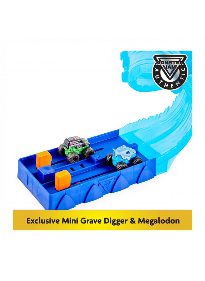 Monster Jam, Mini Megalodon Race and Chomp Playset with 2 Monster Jam Mini Trucks in 1:87 Scale, Monster Truck Toys for Kids Aged 3 and Up