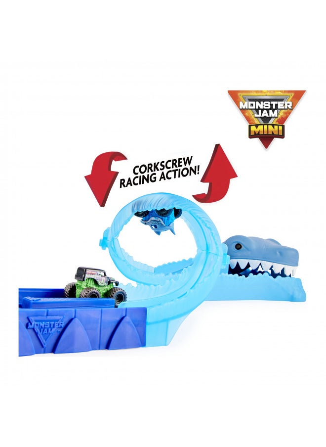 Monster Jam, Mini Megalodon Race and Chomp Playset with 2 Monster Jam Mini Trucks in 1:87 Scale, Monster Truck Toys for Kids Aged 3 and Up