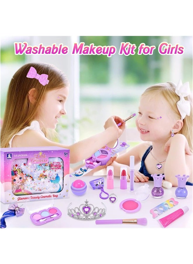 Girls Makeup Set With Jewel Rings Box, Kids Real Washable Make Up Kit Toys With Mermaid Cosmetic Bag.