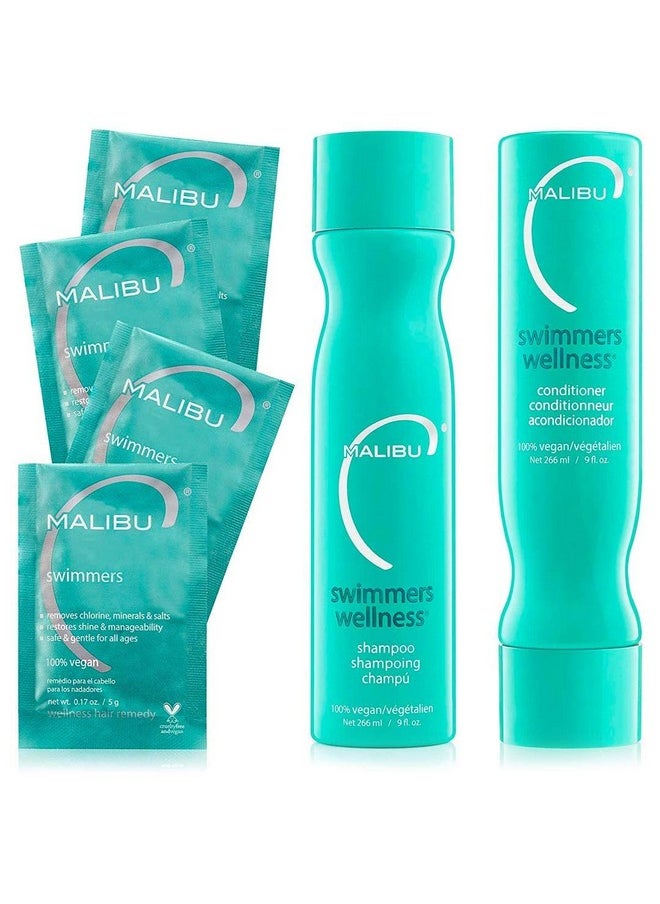 Swimmers Wellness Collection - Swimmers Shampoo And Conditioner Set + Hair Mask Packets - Moisturizing, Shine Restoring Hair Care Kit - Protects Hair Discoloration From Pool Elements (6 Ct)