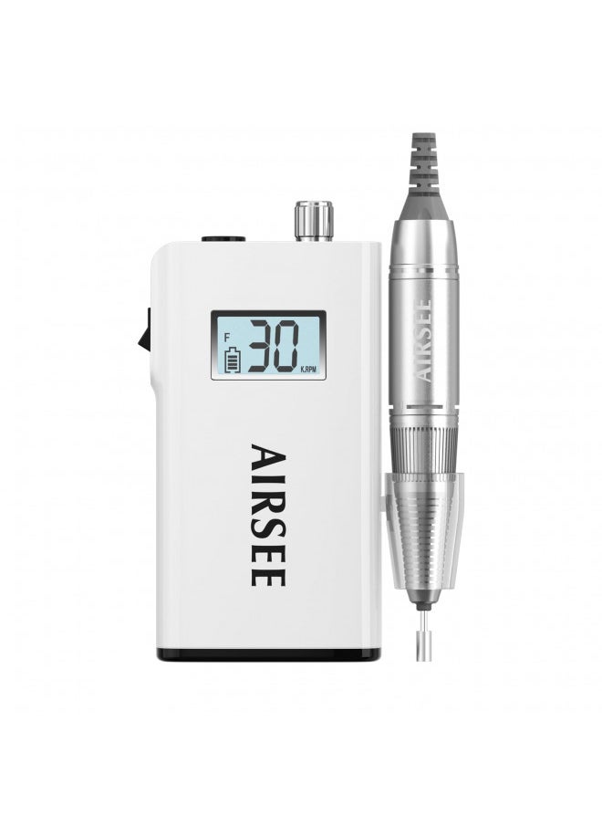 Rechargeable 30000 RPM Electric Nail Drill Professional Portable E File Machine for Acrylic Nails Natural Extension Gel Nails Polish Cuticle, Cordless High Speed for Salon Use or Home DIY White