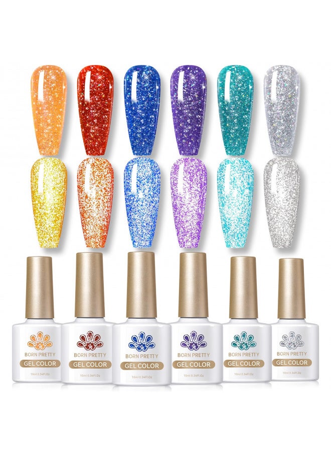 Reflective Glitter Gel Polish Colorful Sparkly Shiny Disco DJ LED Gel Nail Polish Nail Varnish 6PCS 10ML