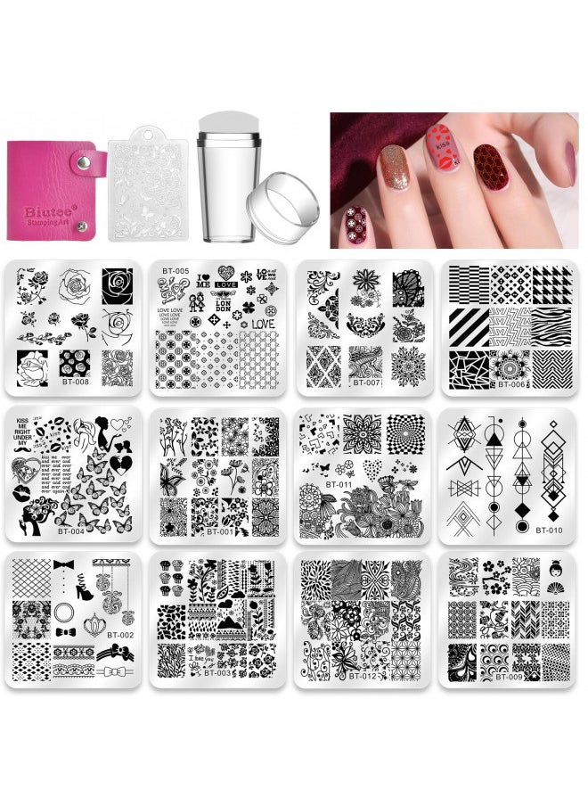 Biutee Nail Stamper Kit Nail Art Stamping Plate Set Stamping Nail Polish Gel Stamp Plate Jelly Silicone Stamper Scraper Flower Lace Line   Stencil Template Tool Supplies For Holiday (Storage Bag)