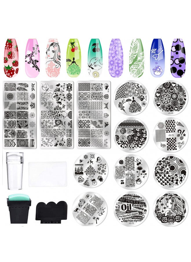 Biutee Nail Stamping Plate Kit 2 Nail Stamper 13 Nail Art Stamp Plate Set 2 Scraper Nail Stamping Kit Template Image Plate Stencils Tool For Manicure Lace Design Holiday
