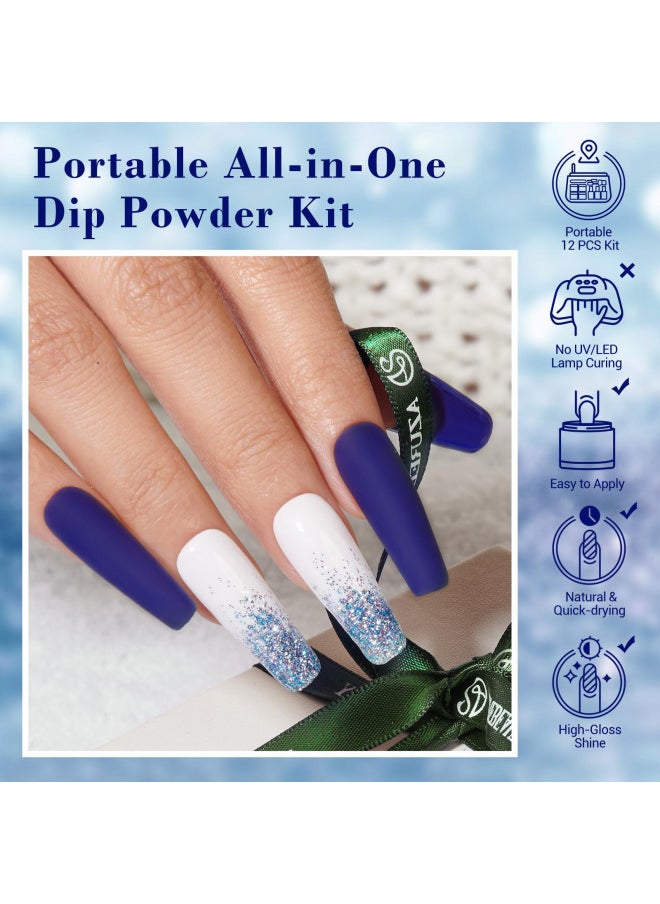Azurebeauty   Dip Powder Nail Kit Winter White Navy Blue Glitter 4 Colors Acrylic Dipping Powder Liquid Set With Base/Top Coat Activator For French Nail Art Manicure Diy Gift For Women