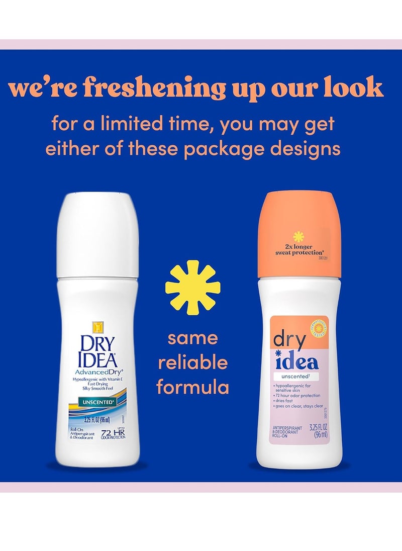 Dry Idea Roll-On Deodorant & Antiperspirant | 2X Longer Sweat Protection | 72-Hour Odor Protection | Unscented & Hypoallergenic for Sensitive Skin, 3.25 oz.