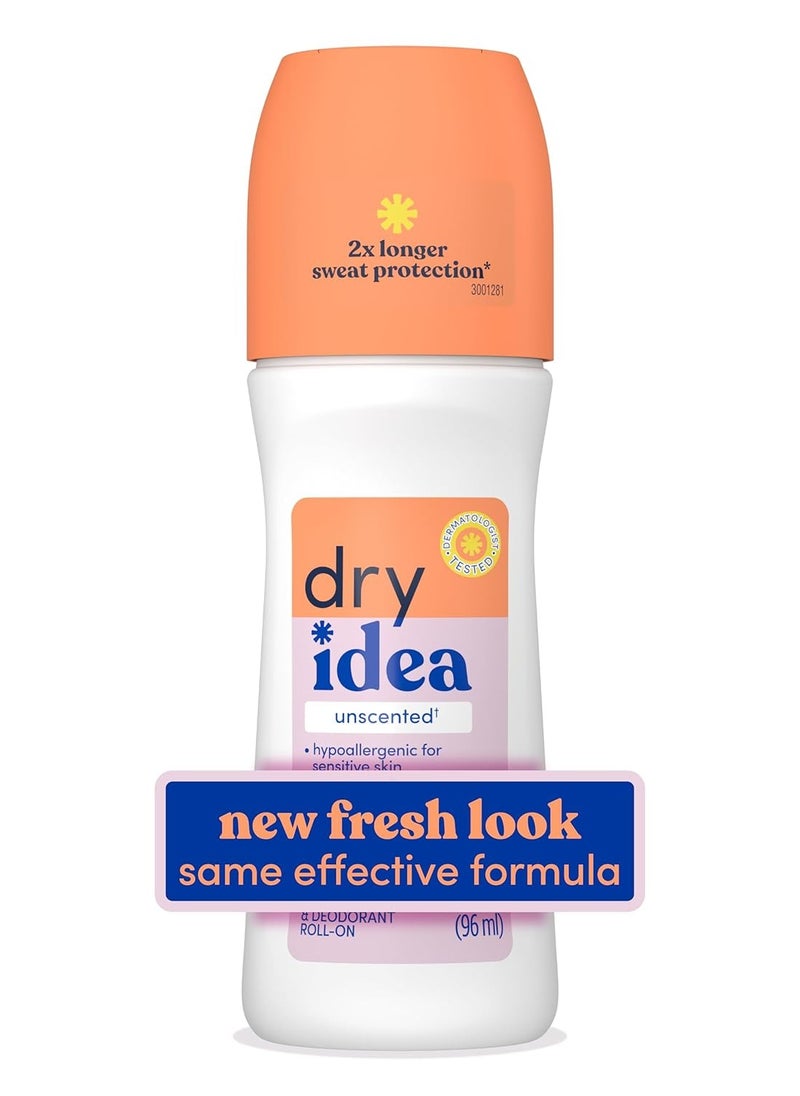 Dry Idea Roll-On Deodorant & Antiperspirant | 2X Longer Sweat Protection | 72-Hour Odor Protection | Unscented & Hypoallergenic for Sensitive Skin, 3.25 oz.
