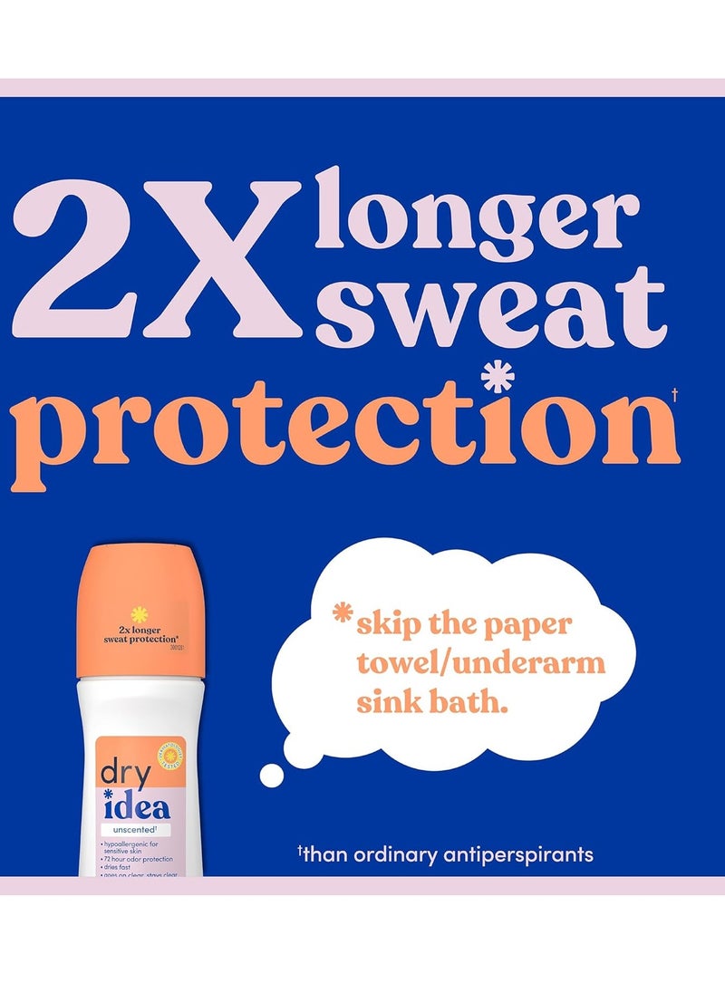 Dry Idea Roll-On Deodorant & Antiperspirant | 2X Longer Sweat Protection | 72-Hour Odor Protection | Unscented & Hypoallergenic for Sensitive Skin, 3.25 oz.