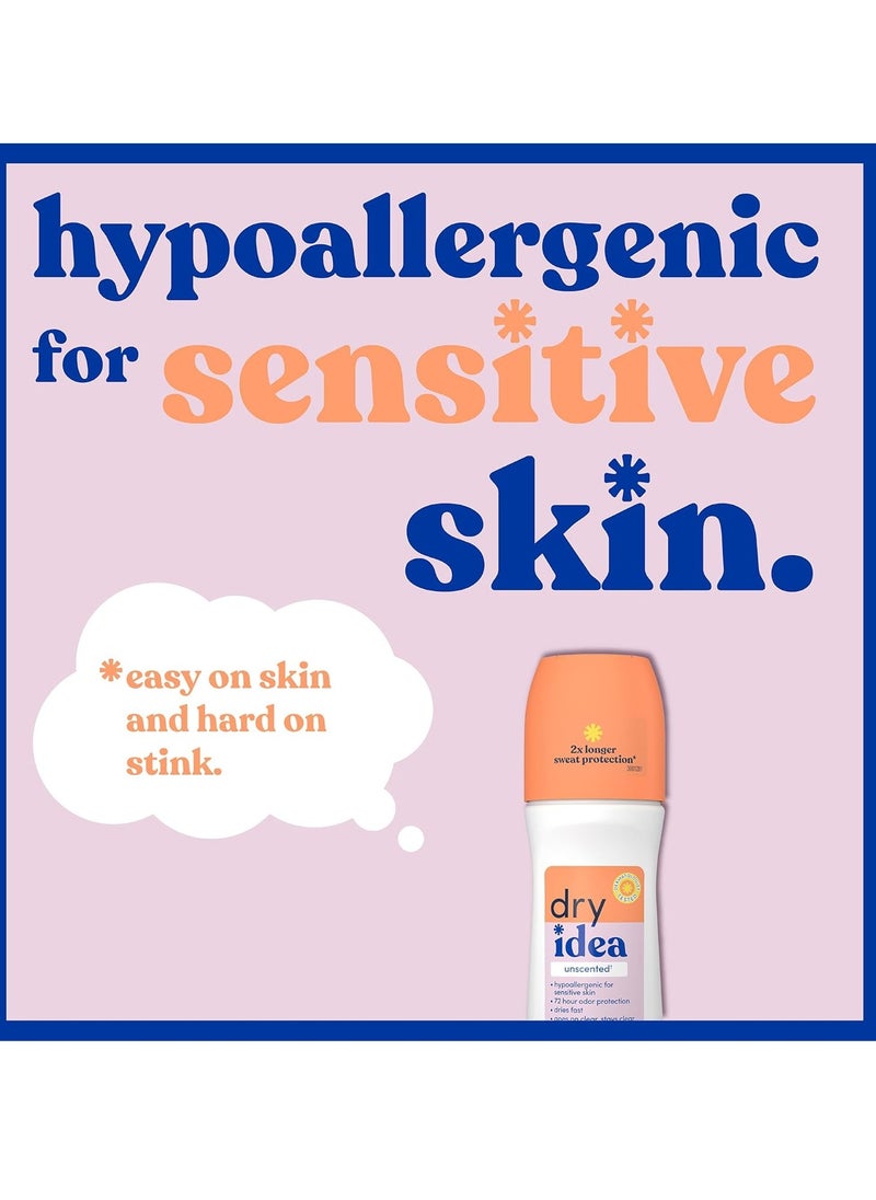 Dry Idea Roll-On Deodorant & Antiperspirant | 2X Longer Sweat Protection | 72-Hour Odor Protection | Unscented & Hypoallergenic for Sensitive Skin, 3.25 oz.