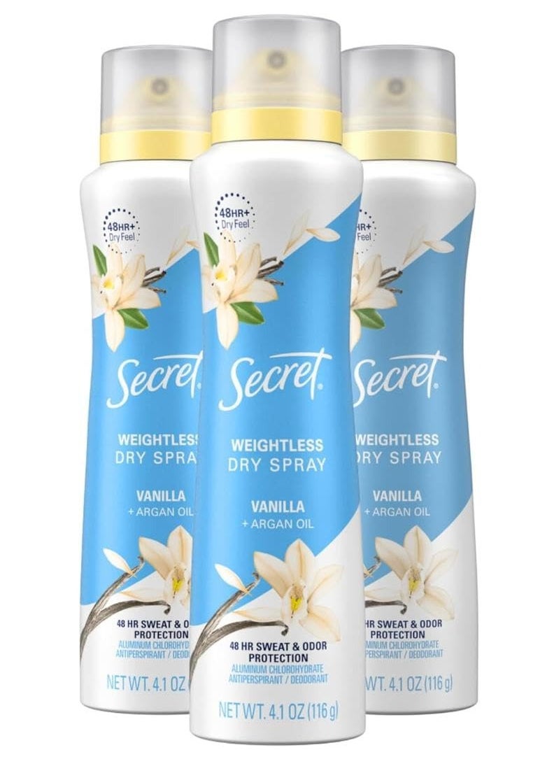 Secret Dry Spray Antiperspirant Deodorant for Women, 48hr Weightless Sweat & Odor Protection, Gentle on Skin, Vanilla & Argan Oil Scent, 4.1 oz (Pack of 3)