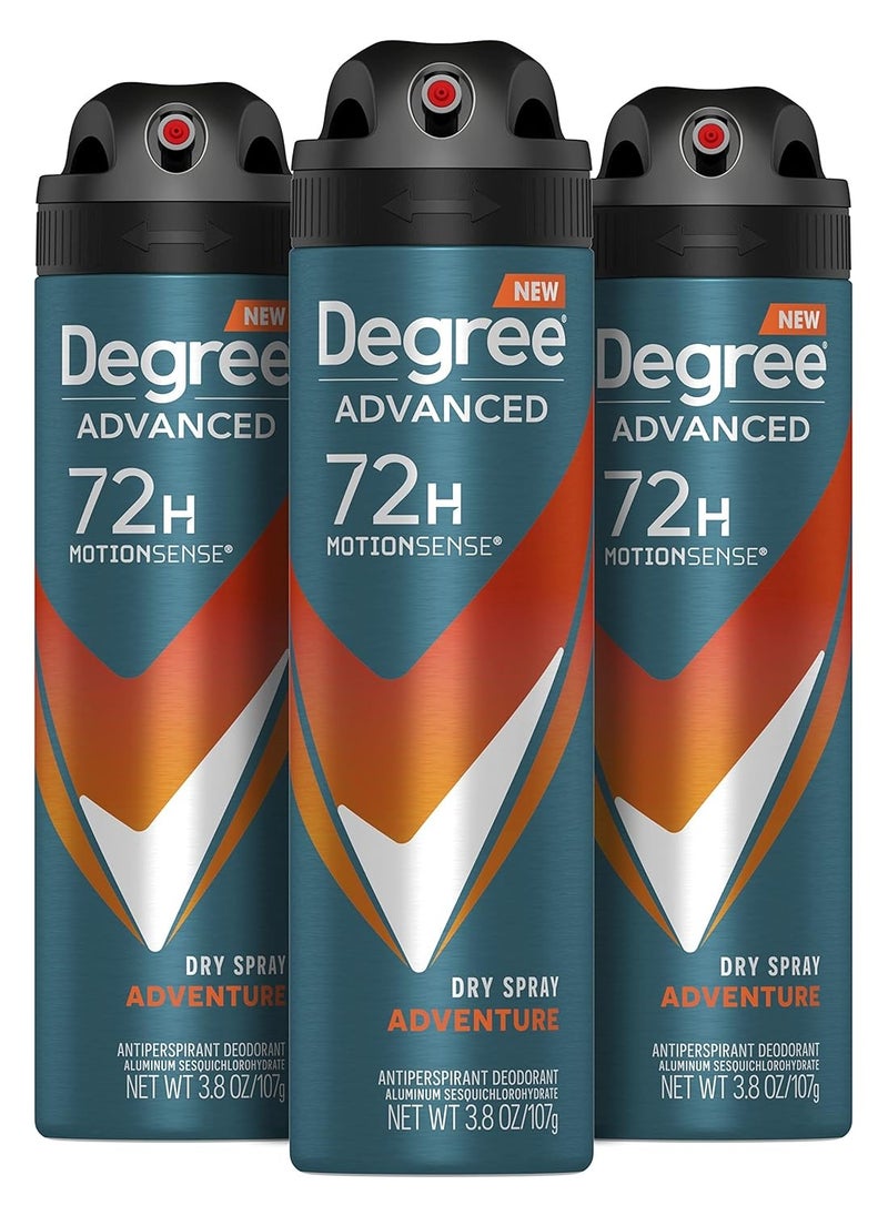 Degree Men Advanced Antiperspirant Deodorant Dry Spray Adventure 72-Hour Sweat and Odor Protection Deodorant For Men With MotionSense Technology, 3.8 Ounce (Pack of 3)