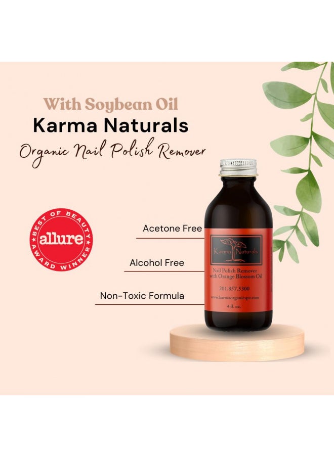 Karma Organic Nail Polish Remover With Soybean Oil and Orange Blossom Oil  Non Toxic, Vegan, Cruelty Free, Acetone Free Nails Strengthener For Fingernails 4 Fl. Oz