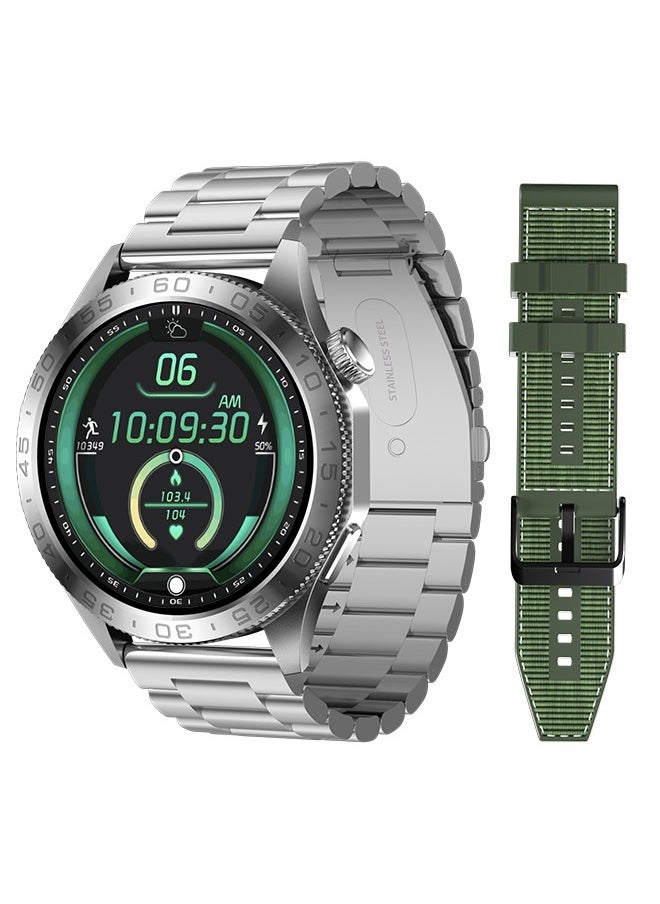 Korean Brand Smart Watch ST20，Business Smartwatch, Waterproof Fitness Watch, Bluetooth Calling, Compatible with Android and iOS,Smartwatch For Men, Zinc Alloy Vacuum Plating, Heart Rate Monitoring，border is silver, two-tone straps with green and silver